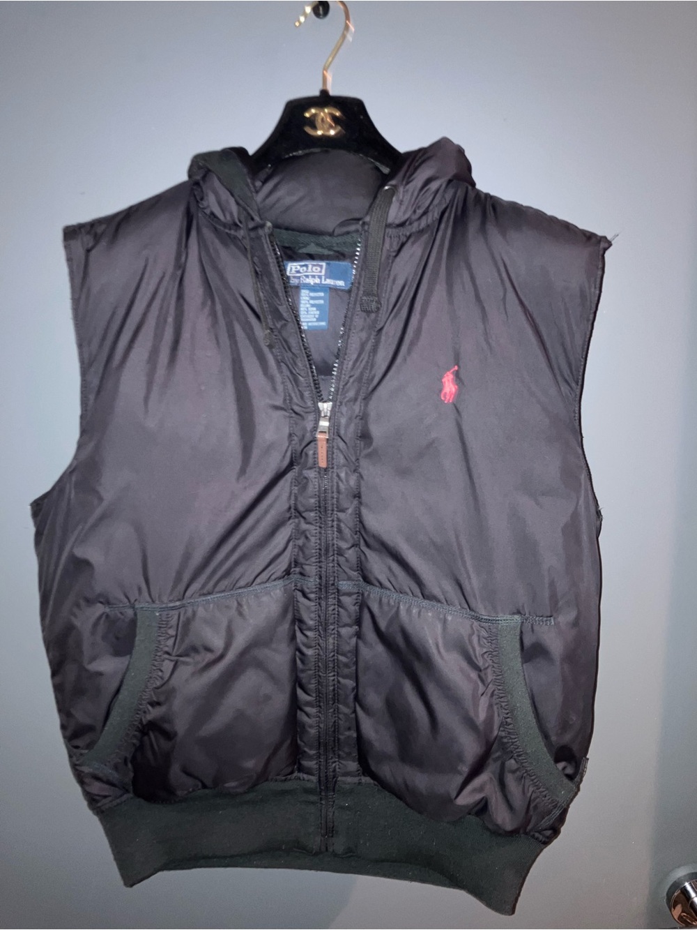 Polo Ralph Lauren Black Hooded Down Vest Sz M (Altered Arms)